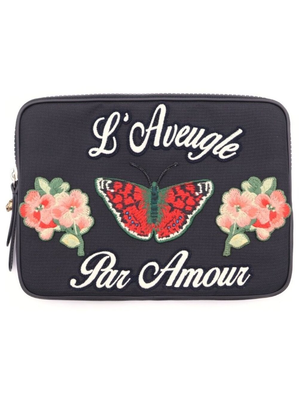 Gucci Butterfly Flower Patch Zip Clutch Pouch Black